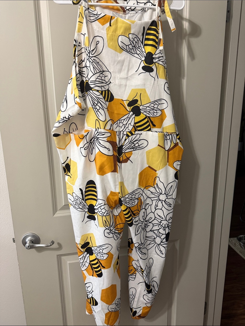 Bee-Print White and Yellow Women's Romper Jumpsuit